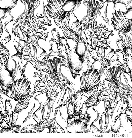 Hand-drawn ocean life seamless pattern with jellyfish, corals, seaweed, shells, starfish, and conch. Underwater world illustration for fabric and wallpaper. Outline graphic illustration Hand-drawn ocean life seamless pattern with jellyfish, corals, seaweed, shells, starfish, and conch. Underwater world illustration for fabric and wallpaper. Outline graphic illustration 134424091