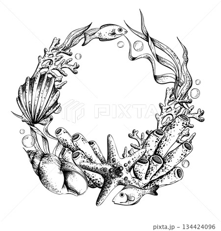 Hand drawn template frame wreath of underwater marine life with fish, starfish, seashell, coral, and algae, concept for nature and ocean theme design. Outline graphic illustration Hand drawn template frame wreath of underwater marine life with fish, starfish, seashell, coral, and algae, concept for nature and ocean theme design. Outline graphic illustration 134424096