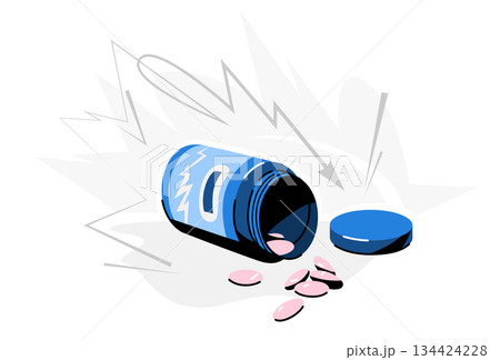 Spilled pills and medicine bottle vector illustration. Overturned blue bottle with pink pills spilled out, surrounded by dynamic graphic elements. Represents medication, supplement health, treatment. Spilled pills and medicine bottle vector illustration. Overturned blue bottle with pink pills spilled out, surrounded by dynamic graphic elements. Represents medication, supplement health, treatment. 134424228