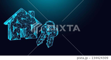 Low poly wireframe house with keys on dark blue background. Low poly wireframe house with keys on dark blue background. 134424309