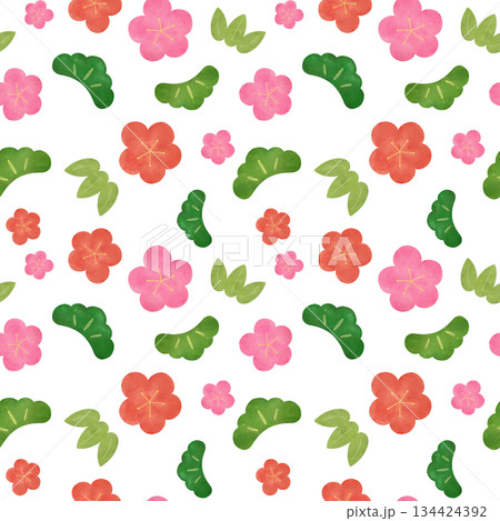 松竹梅 水彩シームレスパターン 和柄 正月 縁起物 背景素材 デザイン素材 134424392