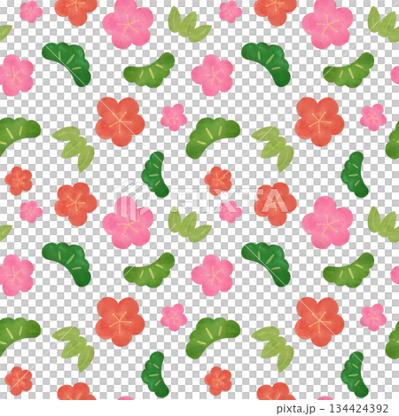 松竹梅 水彩シームレスパターン 和柄 正月 縁起物 背景素材 デザイン素材 134424392