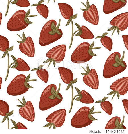 Seamless pattern with whole and sliced strawberries on a white background. Concept of fresh summer fruit, healthy food and natural sweet design 134425081