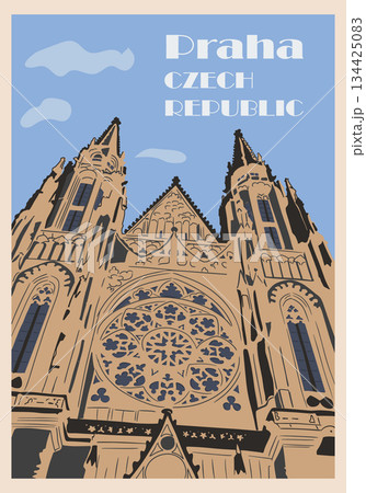 Stylized vector illustration of a Gothic cathedral in Prague with Praha, Czech Republic text. Concept of travel destination, historical architecture and European cultural heritage 134425083