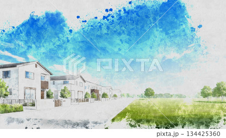 青空と緑が爽やかなパステル調の住宅街の水彩画風イラスト 青空と緑が爽やかなパステル調の住宅街の水彩画風イラスト 134425360