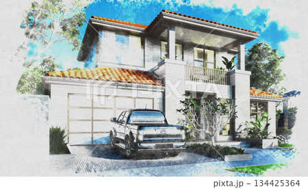 青空とモダンな一戸建て住宅の水彩画風イラスト 青空とモダンな一戸建て住宅の水彩画風イラスト 134425364