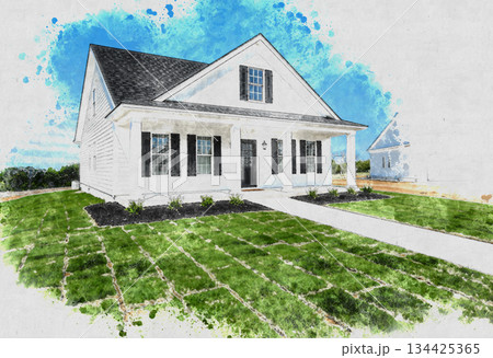 青空と芝生が広がる白い外壁のシンプルな一戸建ての水彩画風イラスト 134425365