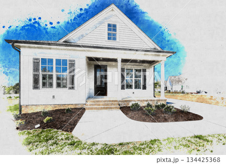 青空と芝生が広がる白い外壁のシンプルな一戸建ての水彩画風イラスト 134425368