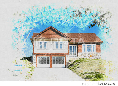 青空と庭のある新築一戸建ての家の水彩画イラスト 134425370