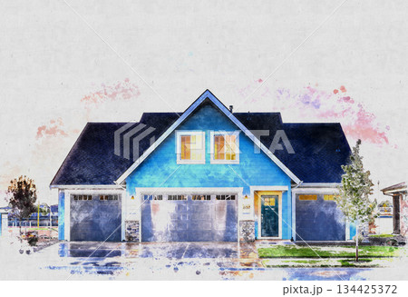夕暮れの空とガレージのある青い外壁の一戸建て住宅の水彩画イラスト 134425372