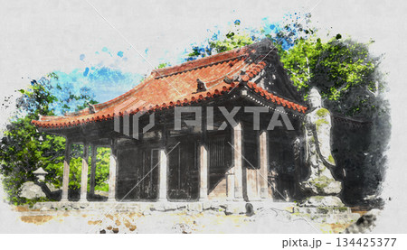 赤い屋根の古いお寺の本堂と仏像　水彩画風イラスト 134425377