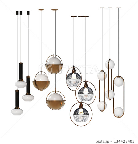 chandelier on the ceiling isolated on transparent background, hanging lamp, pendant light, 3D illustration, cg render 134425403