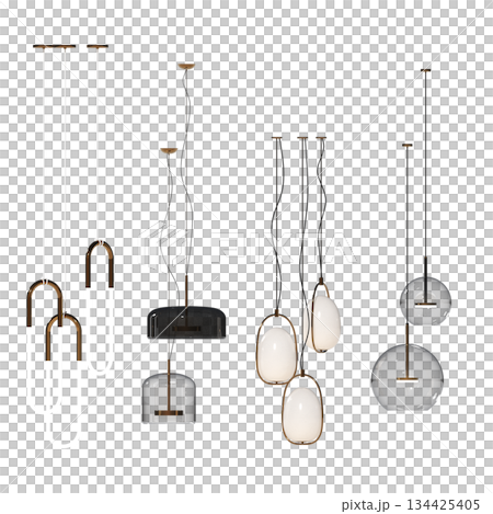 chandelier on the ceiling isolated on transparent background, hanging lamp, pendant light, 3D illustration, cg render 134425405