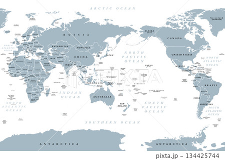 Pacific centered world map. Gray political map, placing Pacific Ocean at the center, showcasing Asia, Oceania, and the Americas around it, emphasizing the Pacific Rim. Cylindrical projection.  Vector 134425744