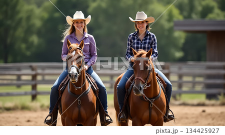 Two women riding horses in a ranch setting during a sunny day, enjoying equestrian activities and friendship in the countryside Two women riding horses in a ranch setting during a sunny day, enjoying equestrian activities and friendship in the countryside 134425927