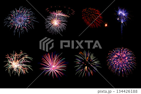 Variety of colorful fireworks isolated on black background 134426188