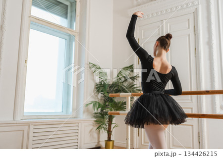Young ballerina in tutu skirt stretching practicing ballet positions dancing near ballet barre in dance class. Young classical dancer woman in dance studio. Ballet class training Ballet school concept 134426215