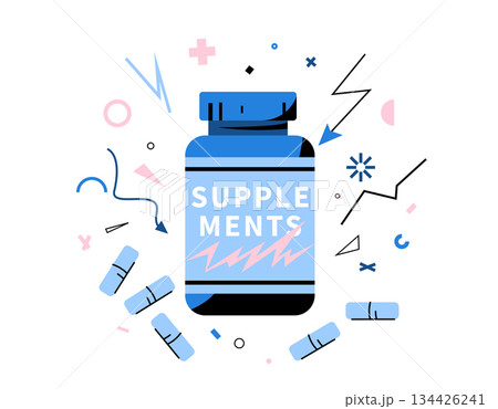 Supplement bottle, capsules vector illustration. Blue supplement jar with label and blue pills surrounded by dynamic, lightning shapes. Concept for vitamins, sport nutrition, energy, health, fitness 134426241