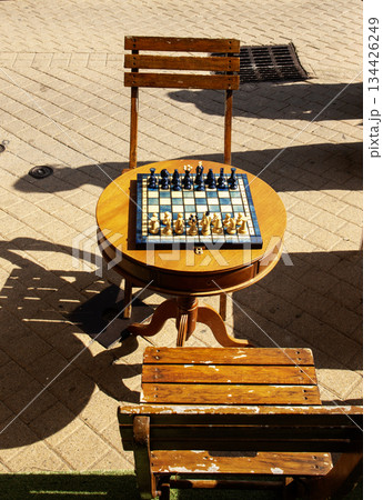Chess Game Set on a Table in Soulac-sur-Mer, Bordeaux, France Chess Game Set on a Table in Soulac-sur-Mer, Bordeaux, France 134426249
