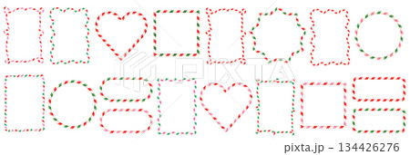 Candy cane vector frames with different shapes, square, circle, heart and wavy coquette borders for Christmas and Valentine's Day designs 134426276