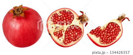 Pomegranate collection Isolated on a white background. Whole pomegranate, half of pomegranate and slice of pomegranate with clipping path. 134426357