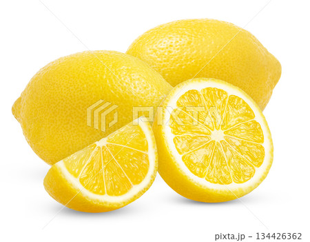 Two juicy lemons and half and slice of lemon isolated. Two juicy lemons and half and slice of lemon isolated. 134426362