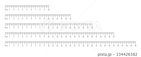 Ruler scale 10, 15, 20, 25, 30 centimeters with numbers set. Measuring chart with 100, 150, 200, 250, 300 mm. Ruler scale, sewing tool template. Length measurement height, distance, math. 134426382