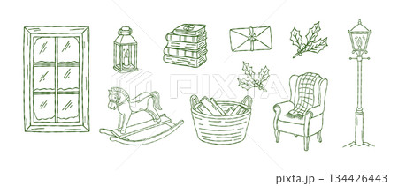 Hand drawn christmas clipart set, cozy winter window, armchair, firewood, street lamp, hygge home interior, festive holiday decor, vector Hand drawn christmas clipart set, cozy winter window, armchair, firewood, street lamp, hygge home interior, festive holiday decor, vector 134426443