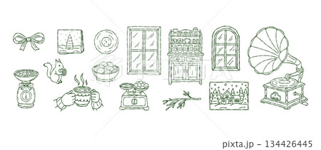 Hand drawn christmas clipart set, cozy winter gramophone, cupboard, kitchen scale, squirrel, cookies, vinyl record, holiday decor, vector Hand drawn christmas clipart set, cozy winter gramophone, cupboard, kitchen scale, squirrel, cookies, vinyl record, holiday decor, vector 134426445