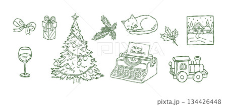 Hand drawn christmas holiday collection, cozy winter typewriter, decorated tree, sleeping cat, steam train toy, festive home decor, vector 134426448