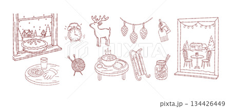 Winter window scene collection, hand drawn christmas pie, reindeer, sled, alarm clock, knitting ball, cozy holiday home decor, vector 134426449