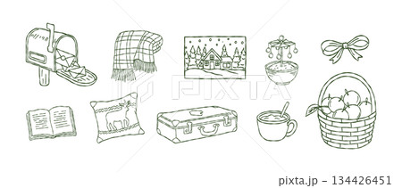 Winter nostalgia objects, hand drawn christmas mailbox, apple basket, vintage suitcase, plaid blanket, holiday home decor, vector illustration Winter nostalgia objects, hand drawn christmas mailbox, apple basket, vintage suitcase, plaid blanket, holiday home decor, vector illustration 134426451