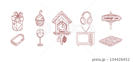 Vintage holiday home collection, hand drawn christmas cuckoo clock, retro television, cupcake, earmuffs, winter cookie tray, decor, vector illustration Vintage holiday home collection, hand drawn christmas cuckoo clock, retro television, cupcake, earmuffs, winter cookie tray, decor, vector illustration 134426452