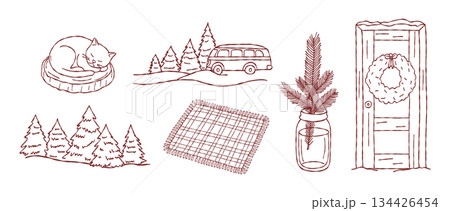 Hand drawn christmas outdoor collection, cozy winter cat sleeping, travel van, pine forest, wreath on door, festive holiday decor, vector 134426454