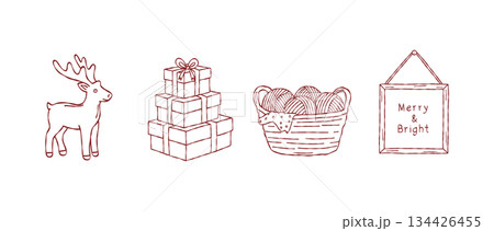 Holiday preparation collection, hand drawn christmas reindeer, stack of gift boxes, knitting yarn basket, festive sign, vector Holiday preparation collection, hand drawn christmas reindeer, stack of gift boxes, knitting yarn basket, festive sign, vector 134426455