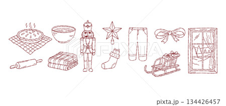 Traditional holiday clipart bundle, hand drawn christmas nutcracker, baked pie, star, sleigh with gifts, winter window, vector Traditional holiday clipart bundle, hand drawn christmas nutcracker, baked pie, star, sleigh with gifts, winter window, vector 134426457