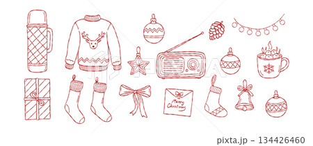 Hand Drawn Christmas Clipart Set, Cozy Winter Reindeer Sweater, Retro Radio, Hot Cocoa, Festive Stockings, and Holiday Decorations. Vector illustration Hand Drawn Christmas Clipart Set, Cozy Winter Reindeer Sweater, Retro Radio, Hot Cocoa, Festive Stockings, and Holiday Decorations. Vector illustration 134426460