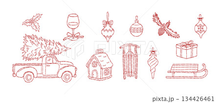 Hand Drawn Christmas Clipart Set, Cozy Winter Pickup Truck with Tree, Gingerbread House, Sled, Holiday Baubles, and Decorations. Vector illustration Hand Drawn Christmas Clipart Set, Cozy Winter Pickup Truck with Tree, Gingerbread House, Sled, Holiday Baubles, and Decorations. Vector illustration 134426461