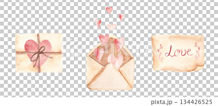Old Vintage Love Letters set with pink hearts and LOVE words. Hand drawn Watercolor illustration isolated on a white background. Perfect for Valentine card, romantic social media post, wedding Old Vintage Love Letters set with pink hearts and LOVE words. Hand drawn Watercolor illustration isolated on a white background. Perfect for Valentine card, romantic social media post, wedding 134426525