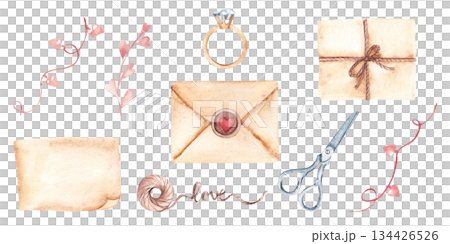 Watercolor love letter set with envelope and heart seal, garland with heart shaped lights, scissors and engagement ring. Ideal for Valentine card, romantic stationery, wedding invitation, proposal Watercolor love letter set with envelope and heart seal, garland with heart shaped lights, scissors and engagement ring. Ideal for Valentine card, romantic stationery, wedding invitation, proposal 134426526