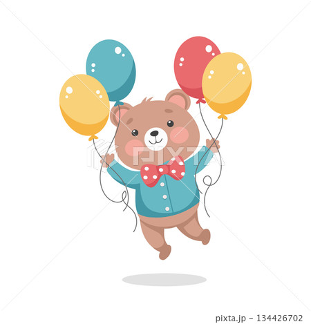 Happy cute teddy bear with colorful balloons. Festive illustration. Birthday card. Happy cute teddy bear with colorful balloons. Festive illustration. Birthday card. 134426702