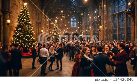 A group of people celebrate in a magical castle hall, decorated with glowing Christmas trees and festive lights. The concept is about celebration, tradition, and community. A group of people celebrate in a magical castle hall, decorated with glowing Christmas trees and festive lights. The concept is about celebration, tradition, and community. 134426840
