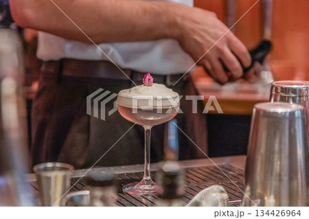 Bartender preparing cocktail with elegant glass and decorative garnish 134426964