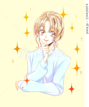 笑顔で考える女性 上半身 キラキラ 笑顔で考える女性 上半身 キラキラ 134426974