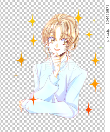 笑顔で考える女性 上半身 キラキラ 笑顔で考える女性 上半身 キラキラ 134426975