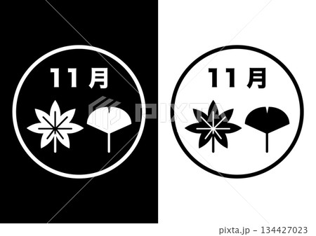 11月の白黒アイコンイラスト(紅葉とイチョウの葉） 134427023