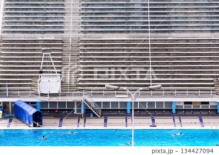 Unrecognizable people swimming in beautiful outdoors public pool, Podoli swimming complex, Prague, Czech republic 134427094