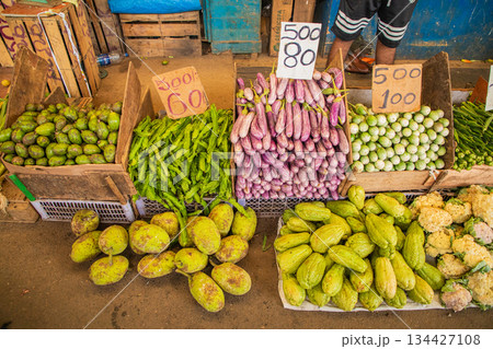 variety of vegetables, fruits, cereals and dried fish in Sri Lanka 134427108