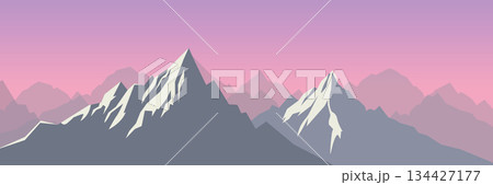 Minimalist Mountain Landscape Banner Design Snow Peaks Pink Purple Sky Abstract Vector. 134427177