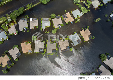 Flooded houses from hurricane Debby rainfall water in Laurel Meadows community in Sarasota, Florida. Aftermath of natural disaster in USA south Flooded houses from hurricane Debby rainfall water in Laurel Meadows community in Sarasota, Florida. Aftermath of natural disaster in USA south 134427370